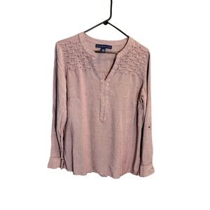 BANDOLINO Striped Tunic Top Women's Size Medium Embroidered Roll Tab Sleeve